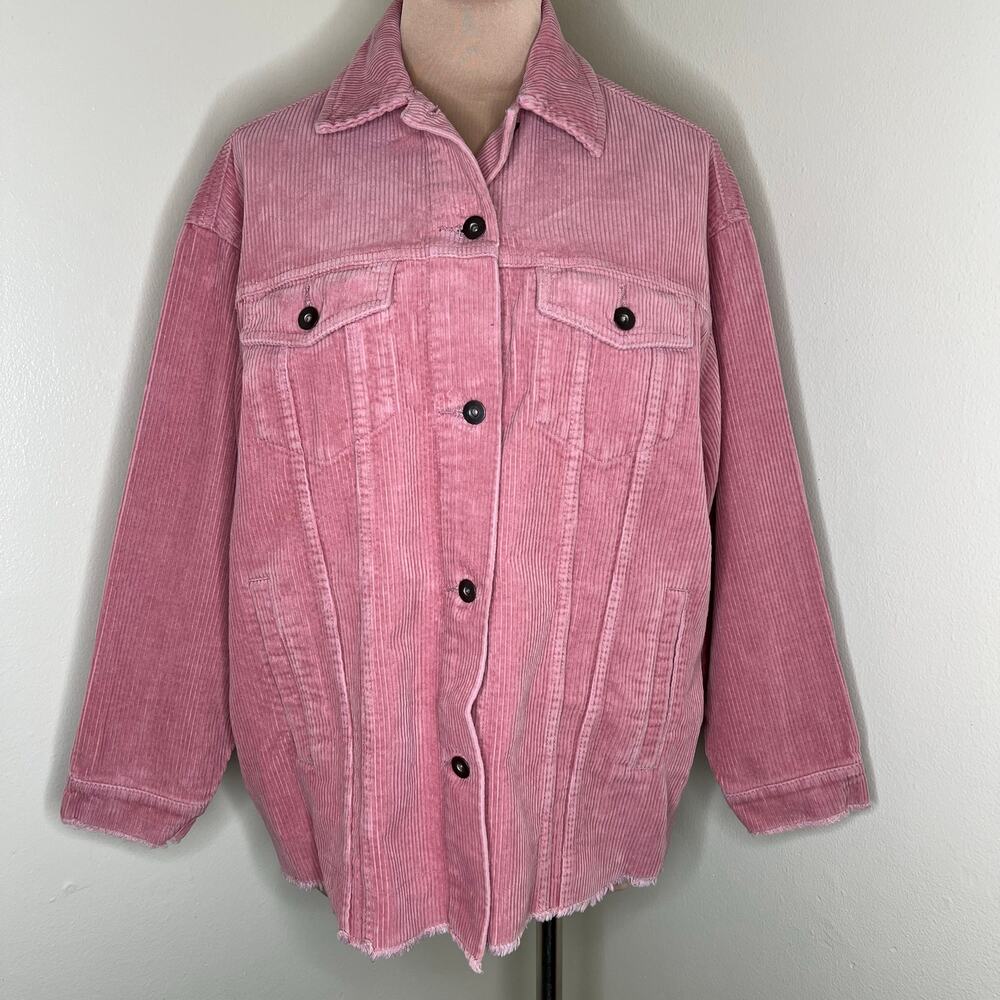 Zara Corduroy Jacket Small Womens Pink Shacket Raw Hem Frayed Oversized Relaxed